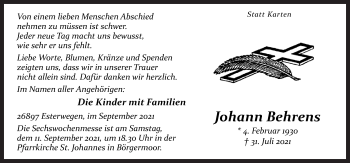 Traueranzeige von Johann Behrens von Neue Osnabrücker Zeitung GmbH & Co. KG