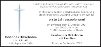 Traueranzeige von Johannes Dickebohm von Neue Osnabrücker Zeitung GmbH & Co. KG