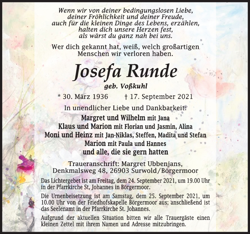  Traueranzeige für Josefa Runde vom 21.09.2021 aus Neue Osnabrücker Zeitung GmbH & Co. KG