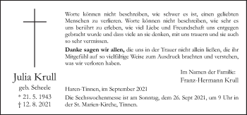 Traueranzeige von Julia Krull von Neue Osnabrücker Zeitung GmbH & Co. KG