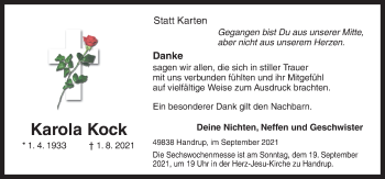 Traueranzeige von Karola Kock von Neue Osnabrücker Zeitung GmbH & Co. KG