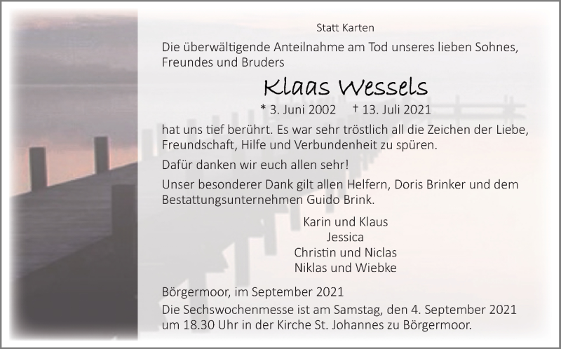 Traueranzeige für Klaas Wessels vom 01.09.2021 aus Neue Osnabrücker Zeitung GmbH & Co. KG