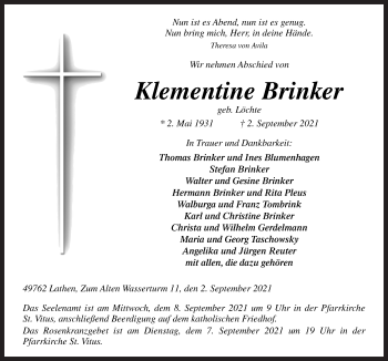 Traueranzeige von Klementine Brinker von Neue Osnabrücker Zeitung GmbH & Co. KG