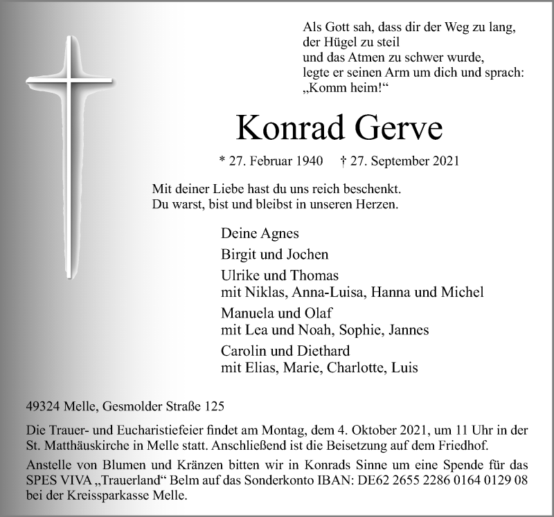  Traueranzeige für Konrad Gerve vom 30.09.2021 aus Neue Osnabrücker Zeitung GmbH & Co. KG