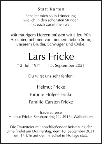 Traueranzeige von Lars Fricke von Neue Osnabrücker Zeitung GmbH & Co. KG