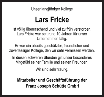 Traueranzeige von Lars Fricke von Neue Osnabrücker Zeitung GmbH & Co. KG