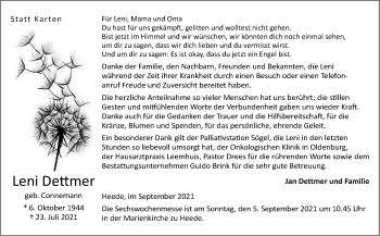 Traueranzeige von Leni Dettmer von Neue Osnabrücker Zeitung GmbH & Co. KG