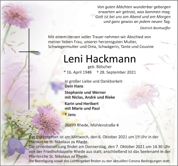 Traueranzeige von Leni Hackmann von Neue Osnabrücker Zeitung GmbH & Co. KG