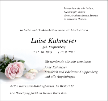 Traueranzeige von Luise Kahmeyer von Neue Osnabrücker Zeitung GmbH & Co. KG