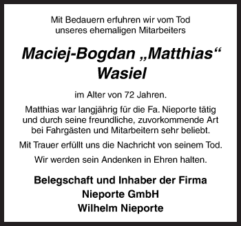 Traueranzeige von Maciej-Bogdan Wasiel von Neue Osnabrücker Zeitung GmbH & Co. KG
