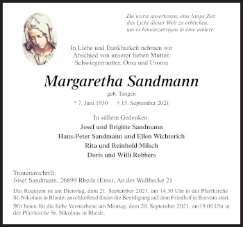 Traueranzeige von Margaretha Sandmann von Neue Osnabrücker Zeitung GmbH & Co. KG