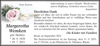 Traueranzeige von Margaretha Wemken von Neue Osnabrücker Zeitung GmbH & Co. KG