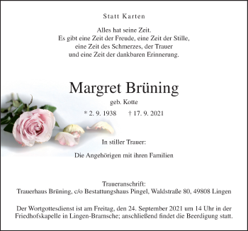 Traueranzeige von Margret Brüning von Neue Osnabrücker Zeitung GmbH & Co. KG