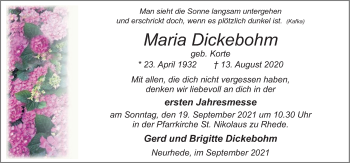 Traueranzeige von Maria Dickebohm von Neue Osnabrücker Zeitung GmbH & Co. KG