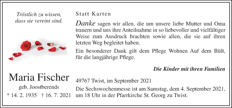  Traueranzeige für Maria Fischer vom 01.09.2021 aus Neue Osnabrücker Zeitung GmbH & Co. KG
