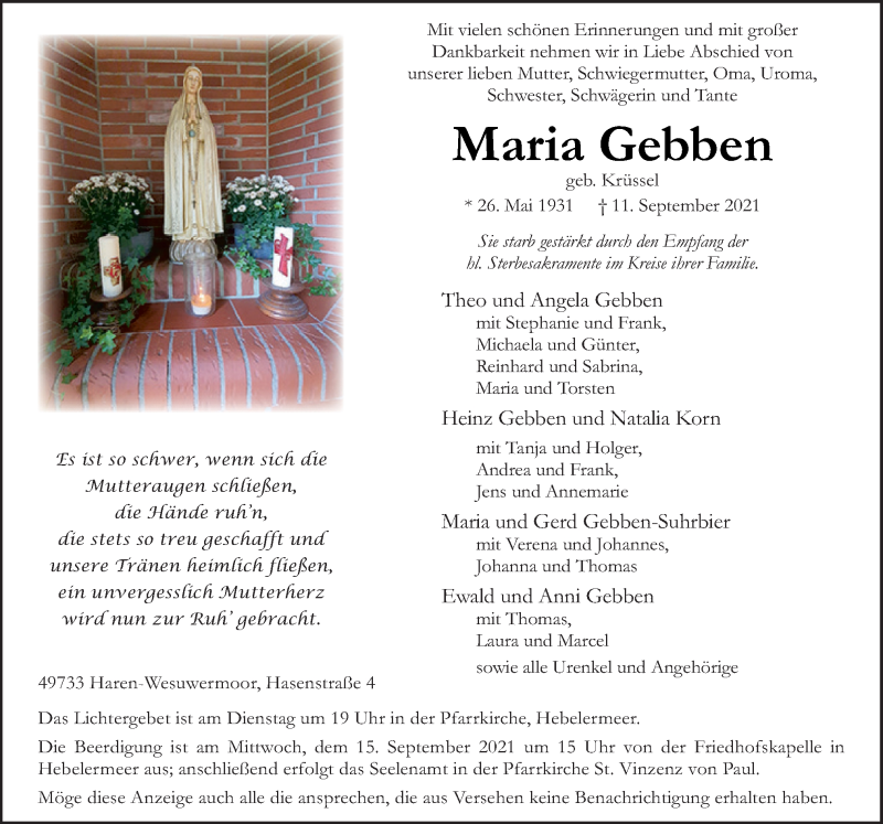  Traueranzeige für Maria Gebben vom 13.09.2021 aus Neue Osnabrücker Zeitung GmbH & Co. KG