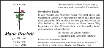 Traueranzeige von Maria Reichelt von Neue Osnabrücker Zeitung GmbH & Co. KG