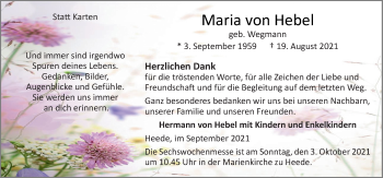 Traueranzeige von Maria von Hebel von Neue Osnabrücker Zeitung GmbH & Co. KG