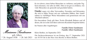 Traueranzeige von Marianne Sandmann von Neue Osnabrücker Zeitung GmbH & Co. KG