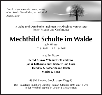 Traueranzeige von Mechthild Schulte im Walde von Neue Osnabrücker Zeitung GmbH & Co. KG