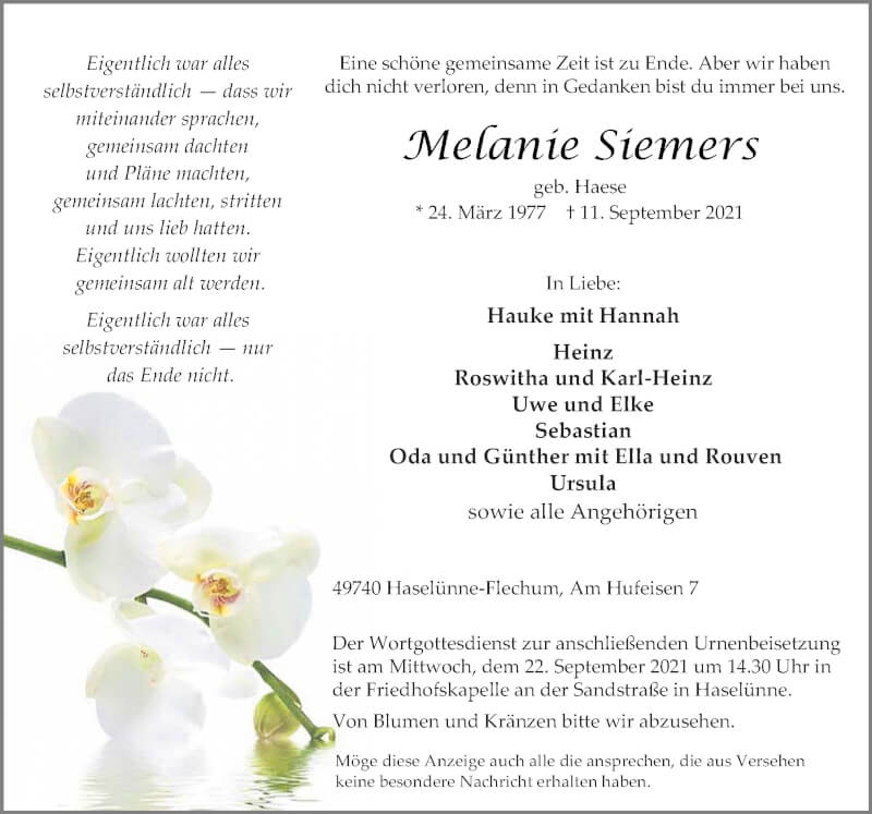  Traueranzeige für Melanie Siemers vom 18.09.2021 aus Neue Osnabrücker Zeitung GmbH & Co. KG