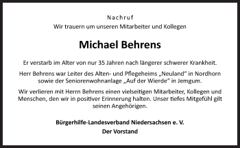 Traueranzeige von Michael Behrens von Neue Osnabrücker Zeitung GmbH & Co. KG