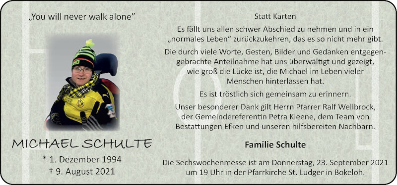  Traueranzeige für Michael Schulte vom 18.09.2021 aus Neue Osnabrücker Zeitung GmbH & Co. KG