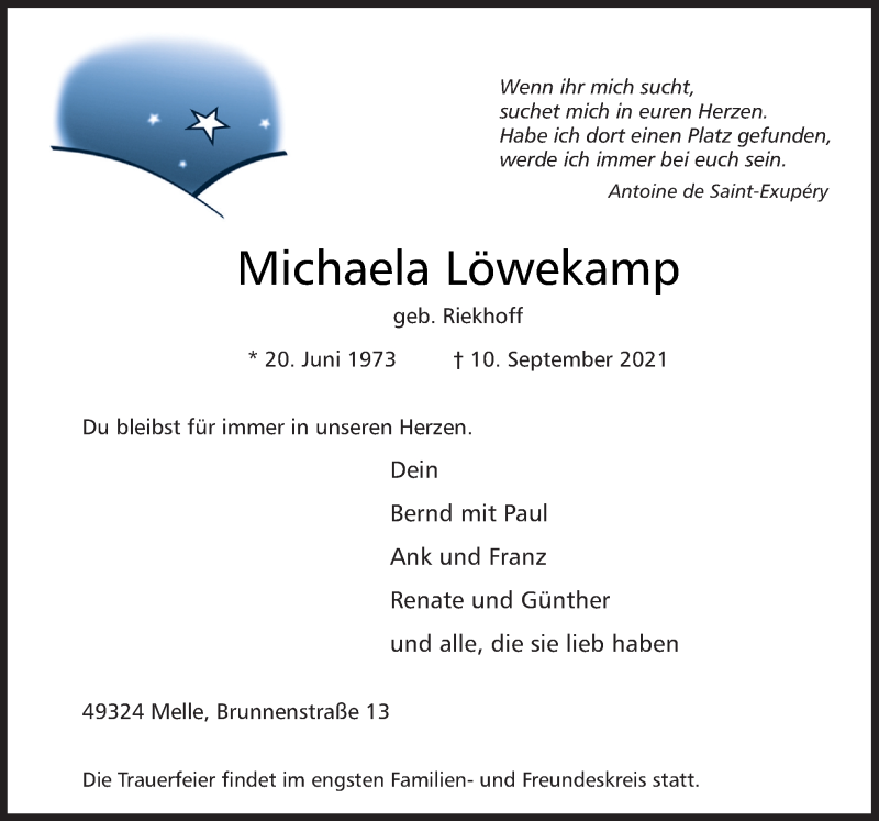  Traueranzeige für Michaela Löwekamp vom 15.09.2021 aus Neue Osnabrücker Zeitung GmbH & Co. KG