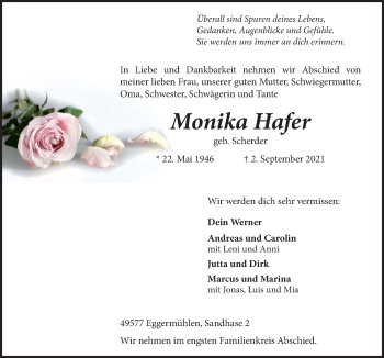 Traueranzeige von Monika Hafer von Neue Osnabrücker Zeitung GmbH & Co. KG