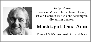 Traueranzeige von Oma Anni  von Neue Osnabrücker Zeitung GmbH & Co. KG