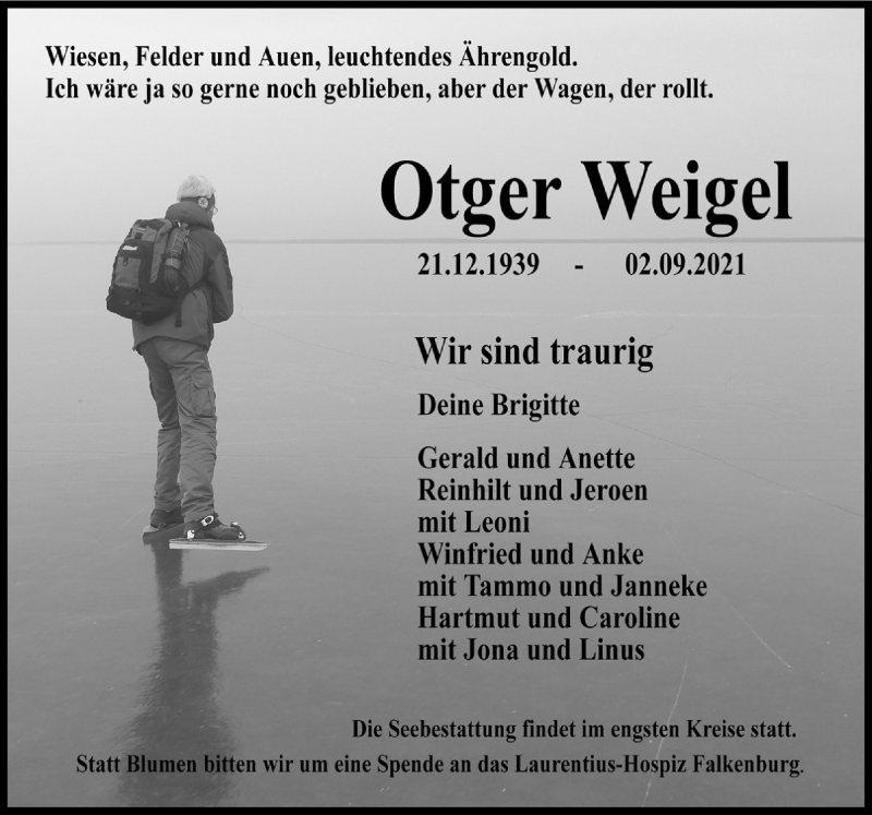  Traueranzeige für Otger Weigel vom 04.09.2021 aus Neue Osnabrücker Zeitung GmbH & Co. KG