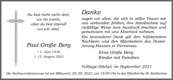 Traueranzeige von Paul Große Berg von Neue Osnabrücker Zeitung GmbH & Co. KG