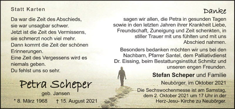 Traueranzeige für Petra Scheper vom 29.09.2021 aus Neue Osnabrücker Zeitung GmbH & Co. KG