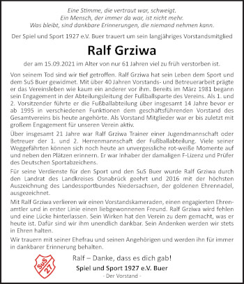 Traueranzeige von Ralf Grziwa von Neue Osnabrücker Zeitung GmbH & Co. KG