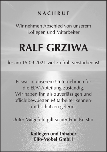 Traueranzeige von Ralf Grziwa von Neue Osnabrücker Zeitung GmbH & Co. KG