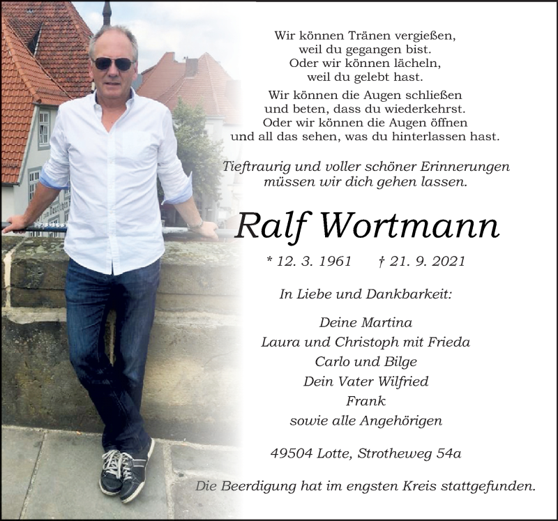  Traueranzeige für Ralf Wortmann vom 25.09.2021 aus Neue Osnabrücker Zeitung GmbH & Co. KG