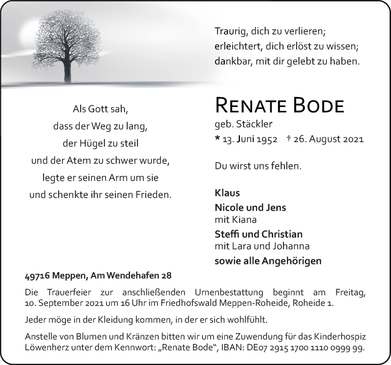  Traueranzeige für Renate Bode vom 01.09.2021 aus Neue Osnabrücker Zeitung GmbH & Co. KG