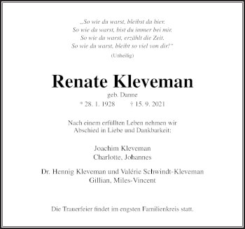 Traueranzeige von Renate Kleveman von Neue Osnabrücker Zeitung GmbH & Co. KG