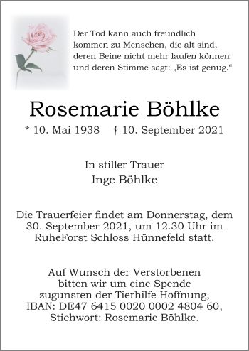 Traueranzeige von Rosemarie Böhlke von Neue Osnabrücker Zeitung GmbH & Co. KG