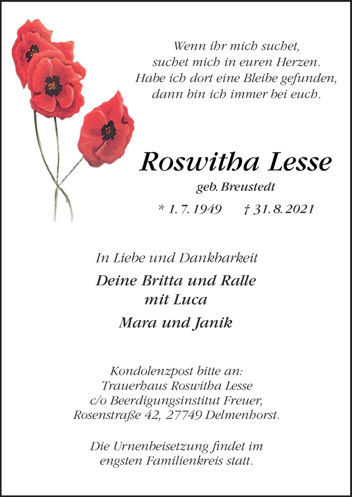  Traueranzeige für Roswitha Lesse vom 04.09.2021 aus Neue Osnabrücker Zeitung GmbH & Co. KG