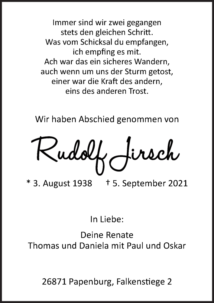  Traueranzeige für Rudolf Jirsch vom 25.09.2021 aus Neue Osnabrücker Zeitung GmbH & Co. KG