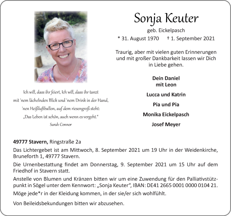  Traueranzeige für Sonja Keuter vom 04.09.2021 aus Neue Osnabrücker Zeitung GmbH & Co. KG