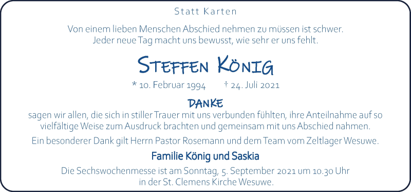 Traueranzeige für Steffen König vom 01.09.2021 aus Neue Osnabrücker Zeitung GmbH & Co. KG