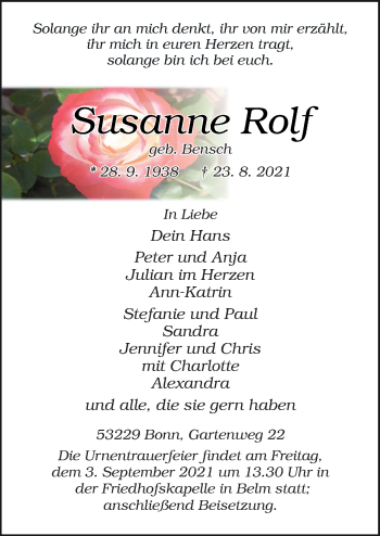 Traueranzeige von Susanne Rolf von Neue Osnabrücker Zeitung GmbH & Co. KG