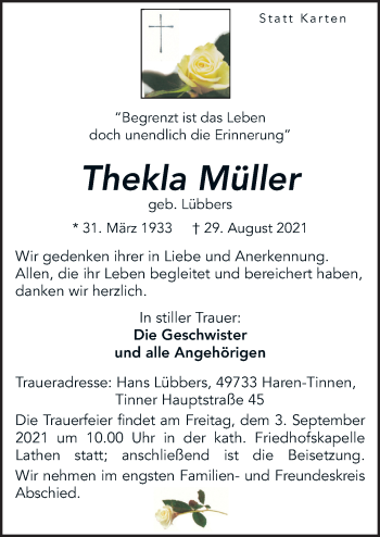 Traueranzeige von Thekla Müller von Neue Osnabrücker Zeitung GmbH & Co. KG