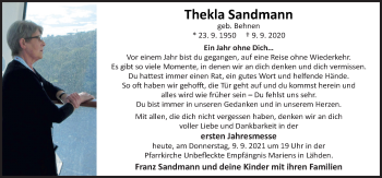 Traueranzeige von Thekla Sandmann von Neue Osnabrücker Zeitung GmbH & Co. KG