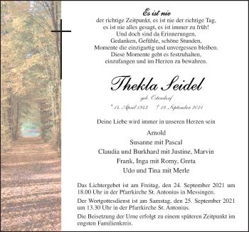Traueranzeige von Thekla Seidel von Neue Osnabrücker Zeitung GmbH & Co. KG
