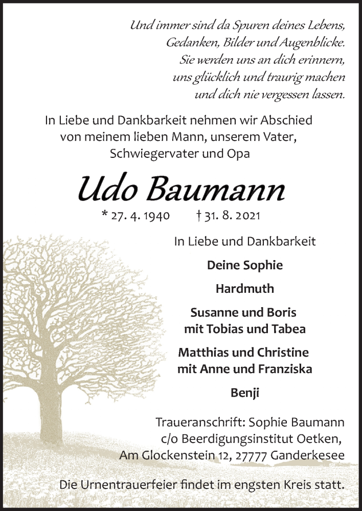  Traueranzeige für Udo Baumann vom 04.09.2021 aus Neue Osnabrücker Zeitung GmbH & Co. KG