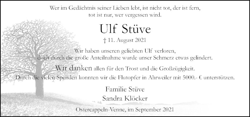  Traueranzeige für Ulf Stüve vom 18.09.2021 aus Neue Osnabrücker Zeitung GmbH & Co. KG