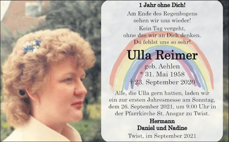  Traueranzeige für Ulla Reimer vom 18.09.2021 aus Neue Osnabrücker Zeitung GmbH & Co. KG
